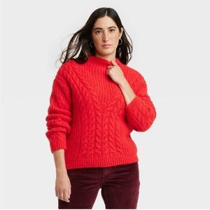 Women’s Cable Movk Turtleneck Red Pullover Sweater